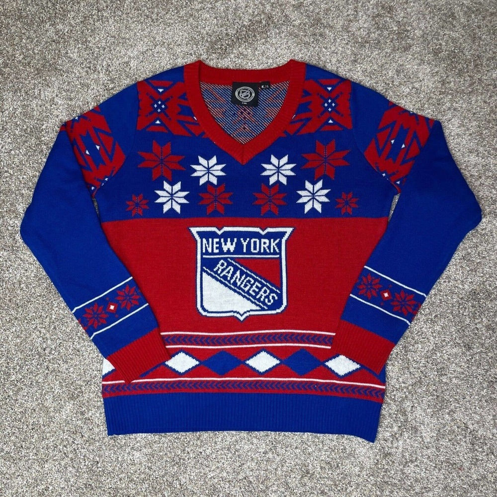 NHL XL New York Rangers Sweater Red Blue Holiday Ugly VNeck Christmas Holiday